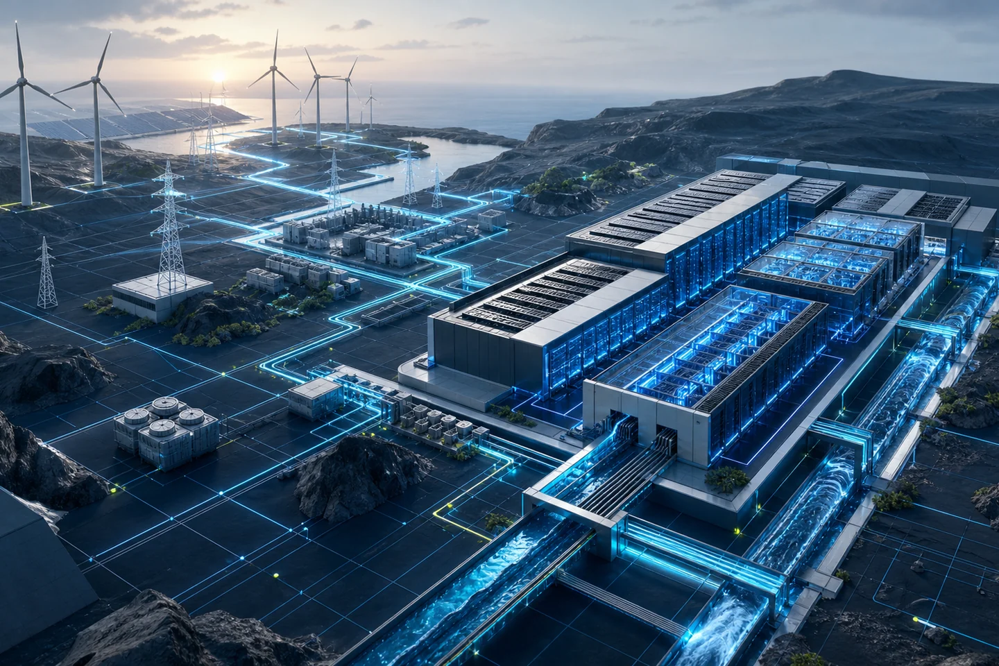 Integrated energy grid, cooling channels and data-centre infrastructure