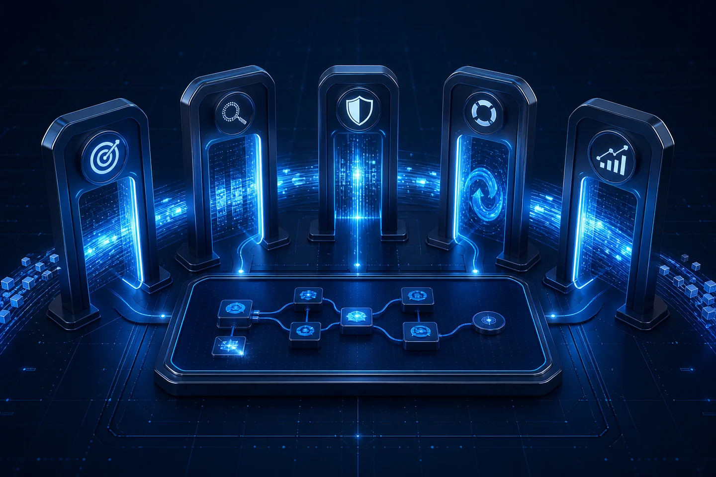 Five illuminated evaluation gates surrounding an enterprise AI agent workflow