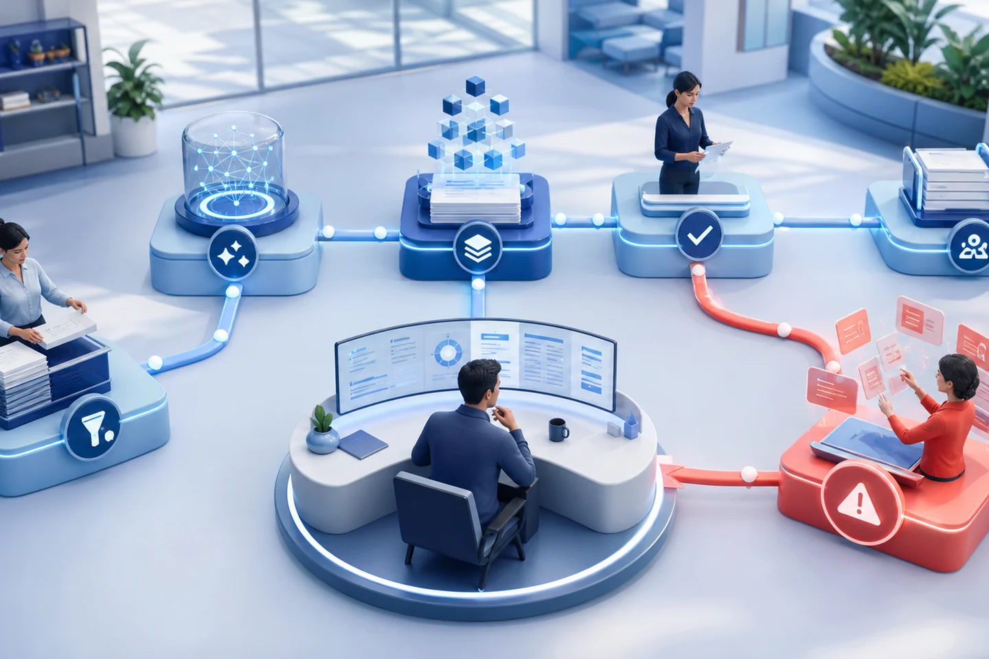 Work tasks routed between people, AI systems and accountable decision checkpoints