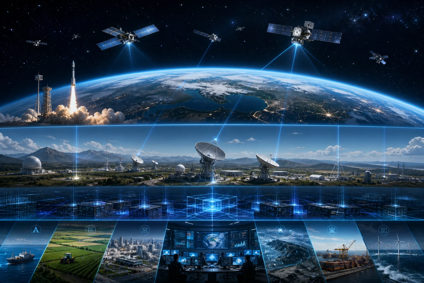 Layered commercial space system spanning orbit, ground infrastructure and digital services