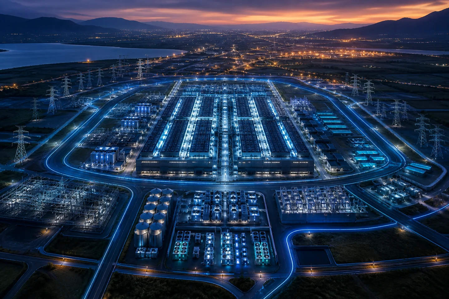 High-density data centre linked to substations, storage and cooling infrastructure