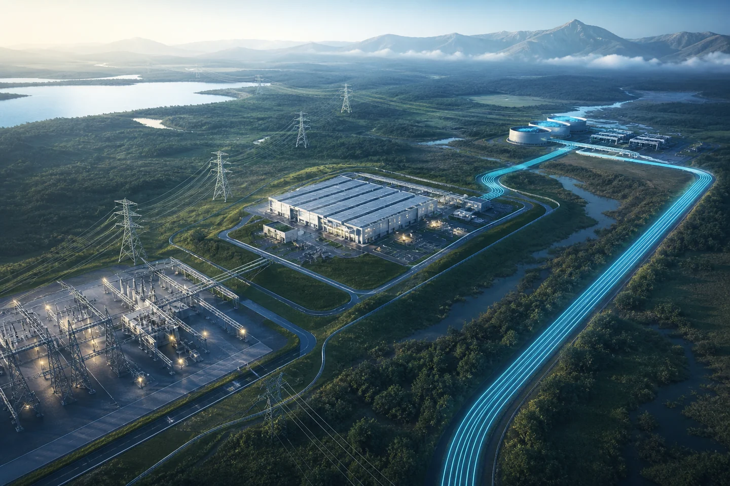 Aerial data-centre site connected to power, water and fibre infrastructure