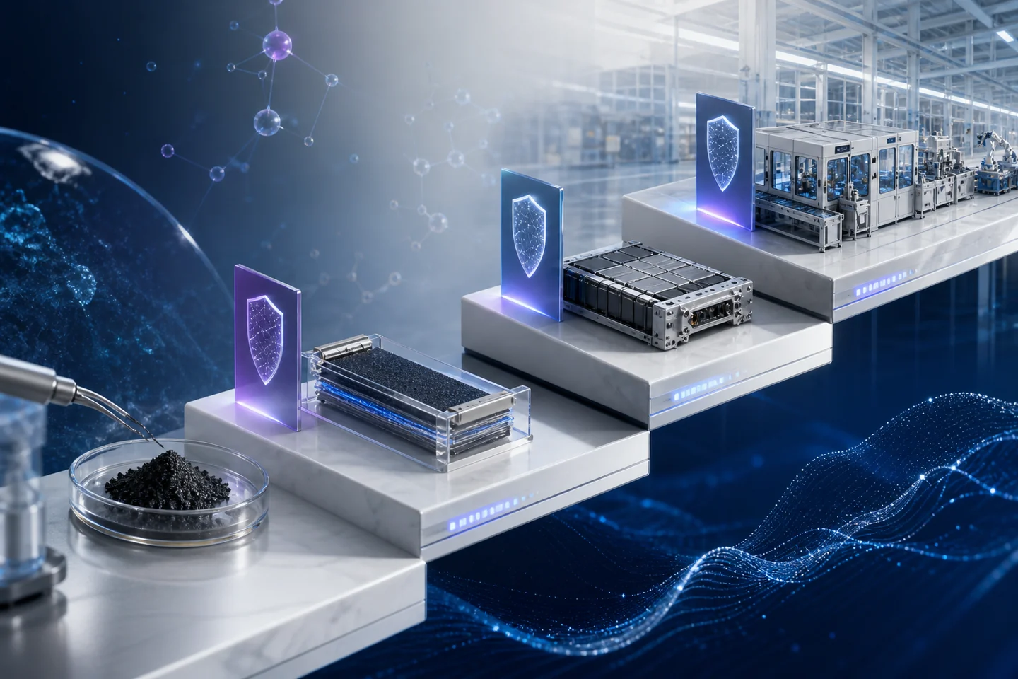 Scientific experiment progressing through evidence gates toward an industrial production line