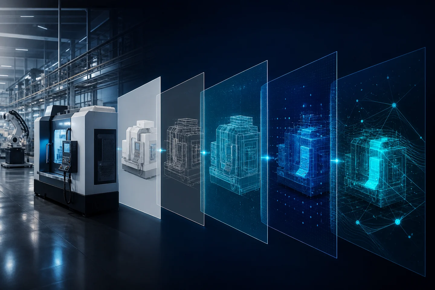 Industrial machine mirrored through five progressively connected digital-twin layers