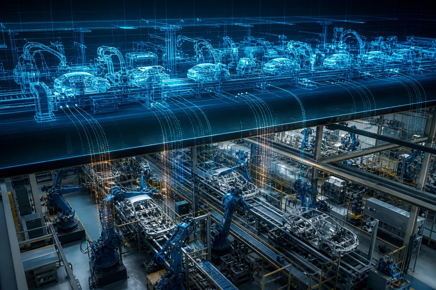 Live production line synchronized with a detailed digital control twin