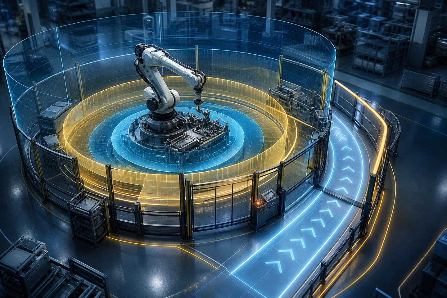 Industrial robot cell with layered safety zones and a protected human pathway
