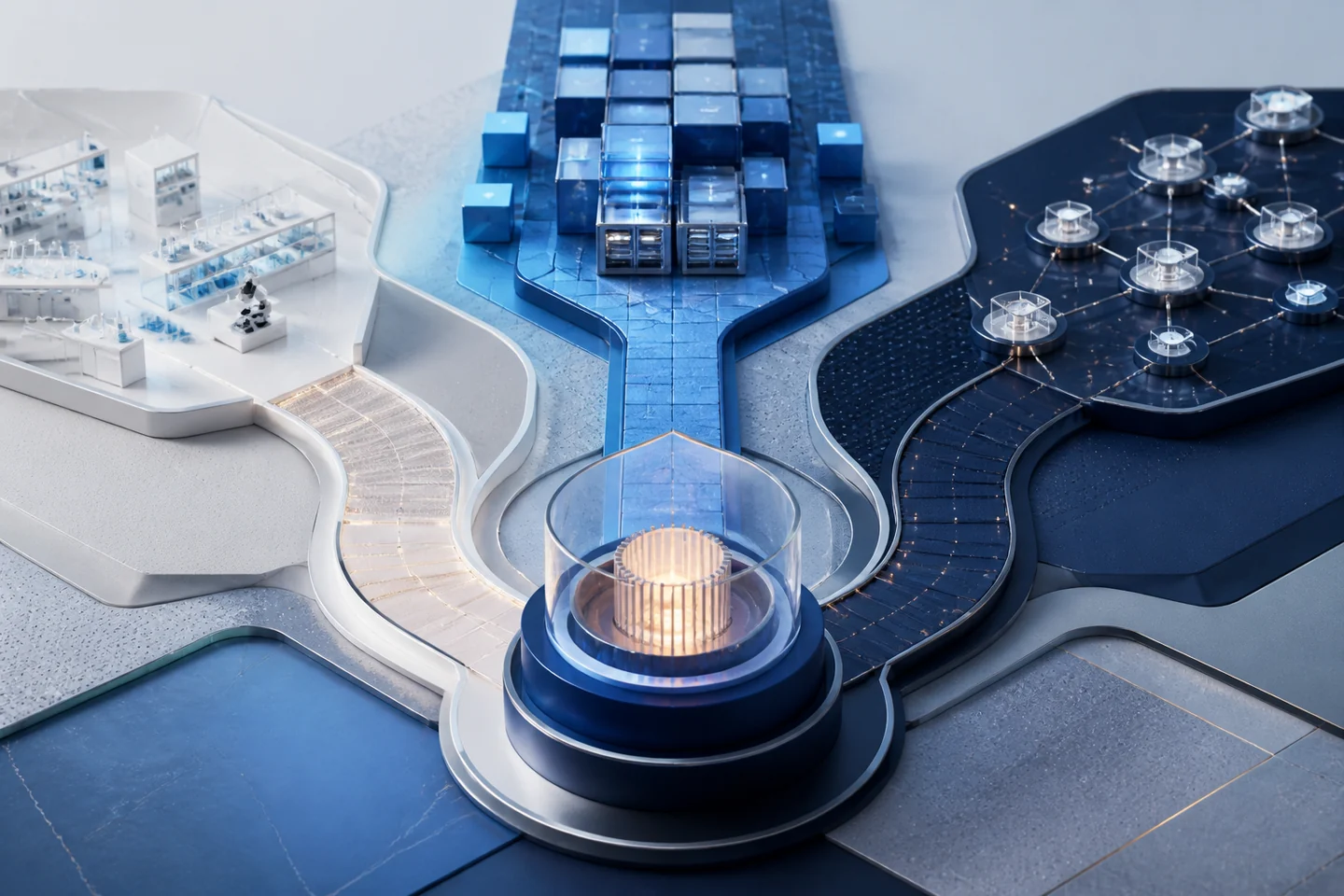 Three strategic pathways converging on a protected corporate capability core