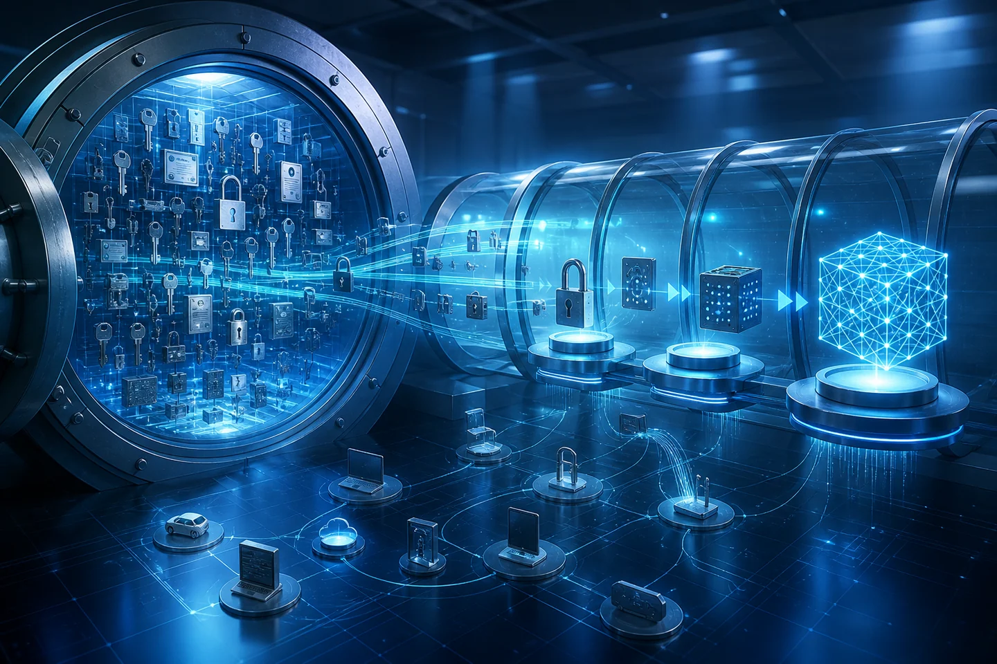 Enterprise network inventory migrating cryptographic keys through staged security gates